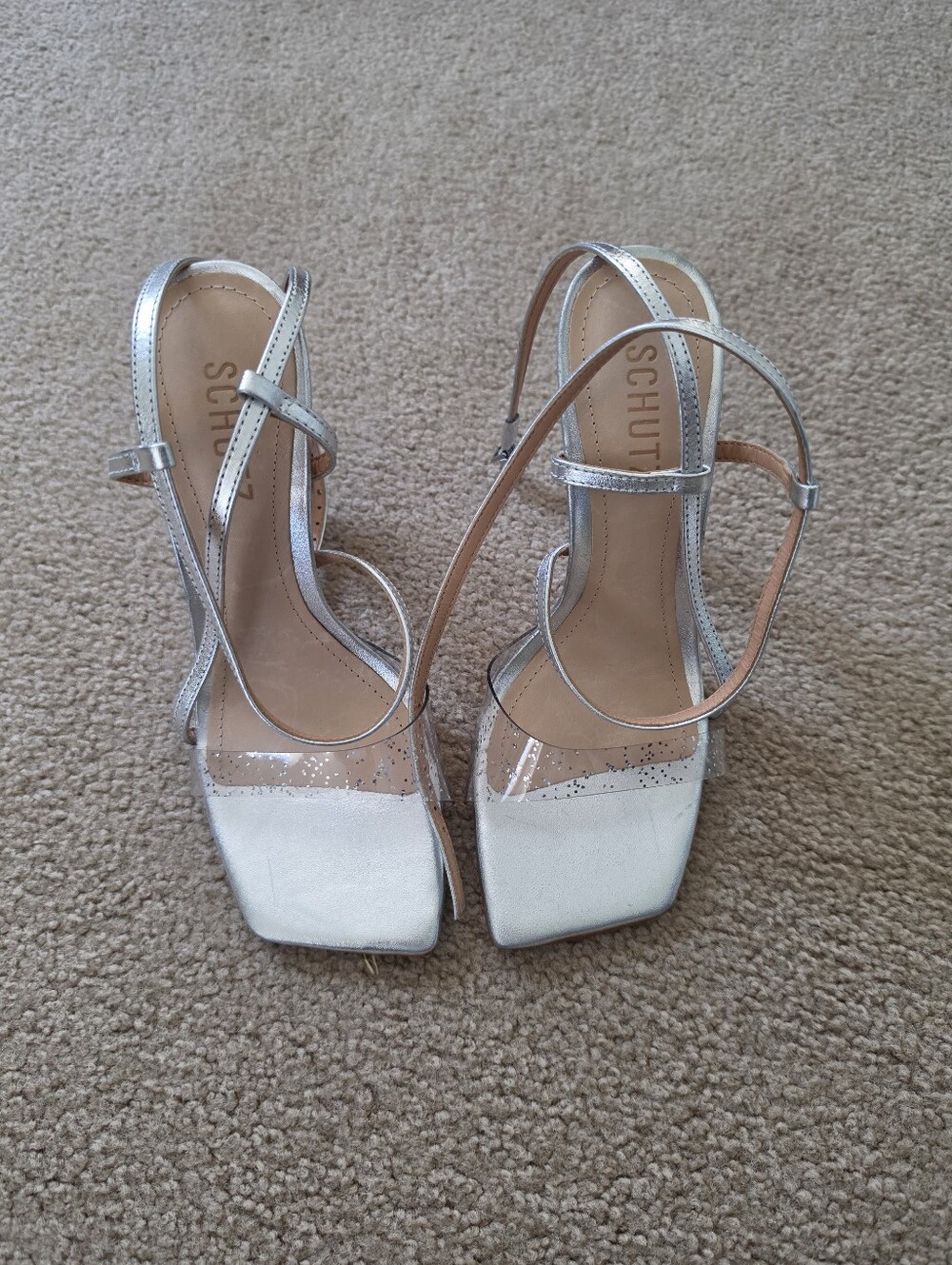 Schutz Aisha Cristal Prata silver and clear glitter strappy high-heel sandals